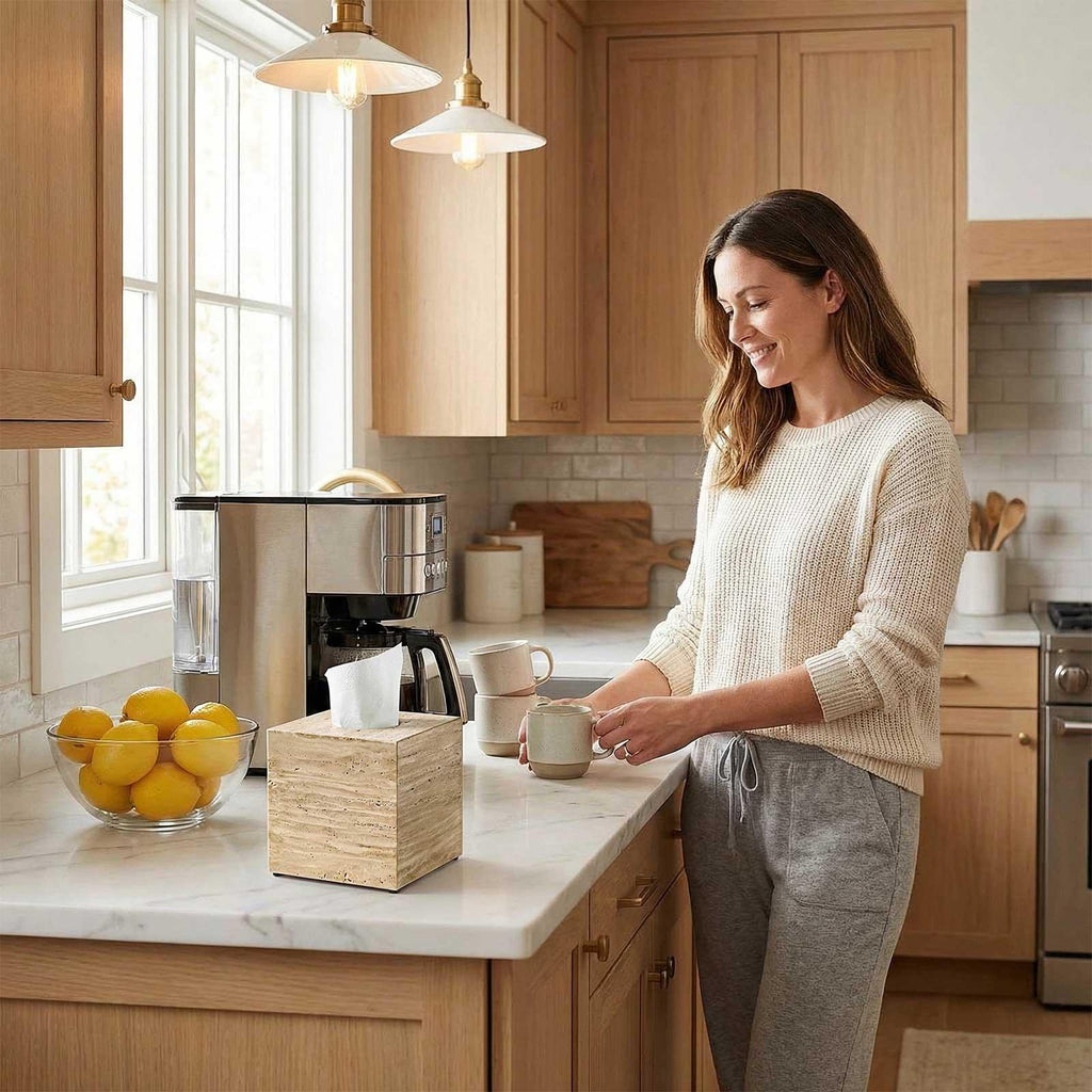 AUSAULAC Genuine Marble Tissue Box - Luxury Natural Stone Tissue Cover for Modern Home Decor, Office Desk, and Kitchen Countertop - Ausaulac