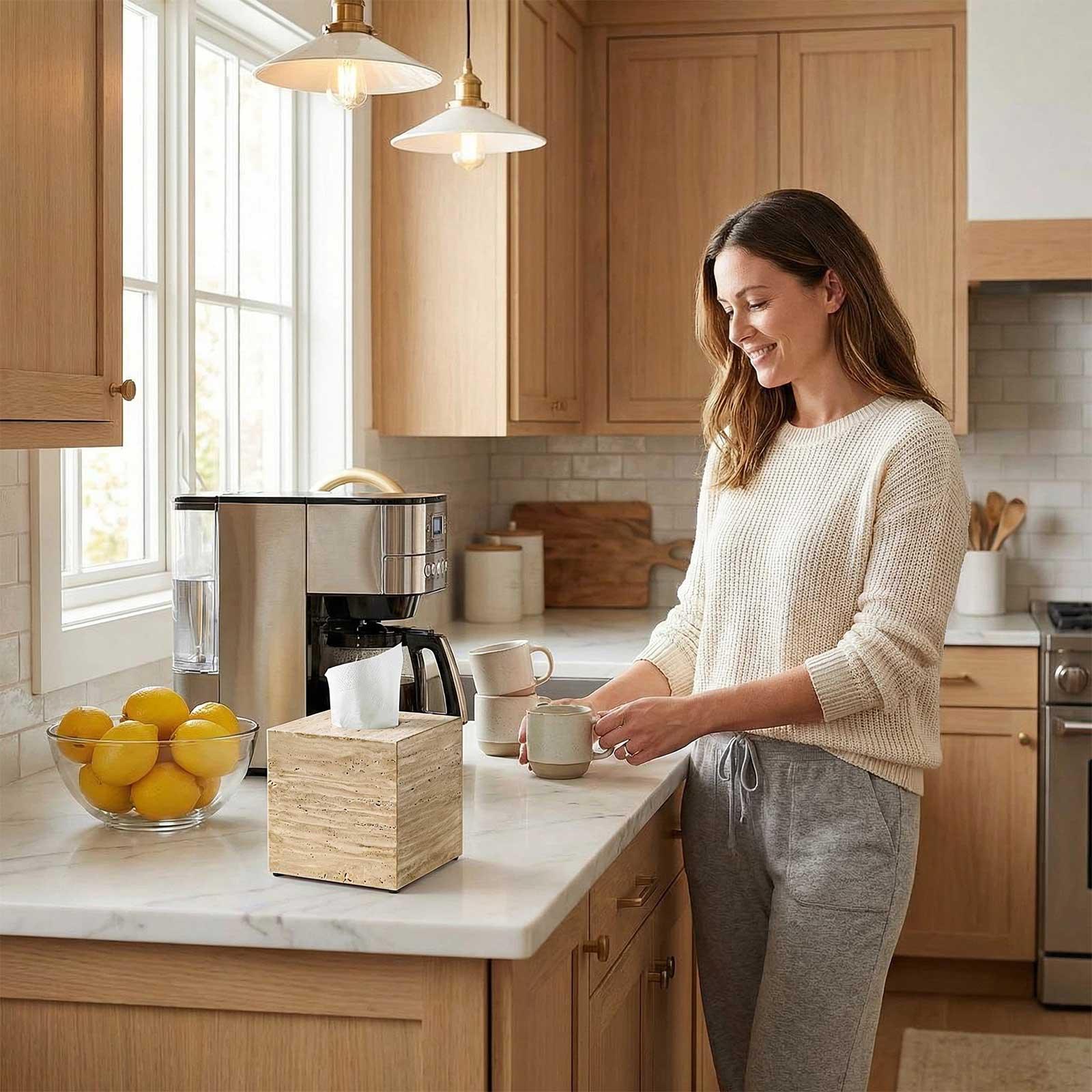 AUSAULAC Genuine Marble Tissue Box - Luxury Natural Stone Tissue Cover for Modern Home Decor, Office Desk, and Kitchen Countertop - Ausaulac